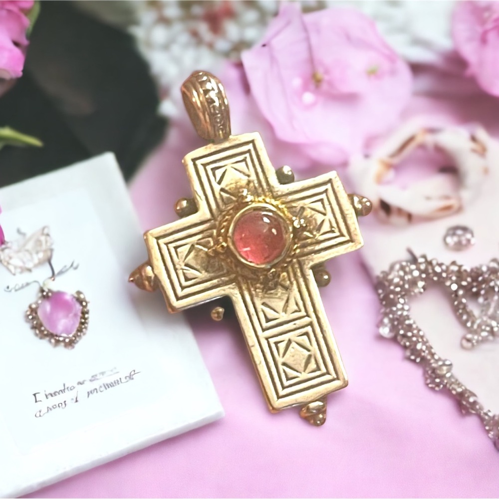 Vintage Gerochristo Sterling silver 18k gold Byzantine Cross ruby stone etched